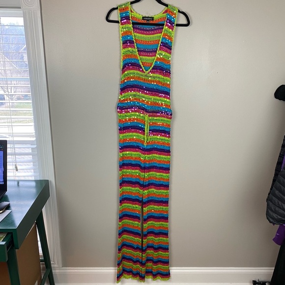 Retrofete Pants - NEW retrofete Nirvana Sequin Crochet Jumpsuit in multicolor rainbow size XS/S